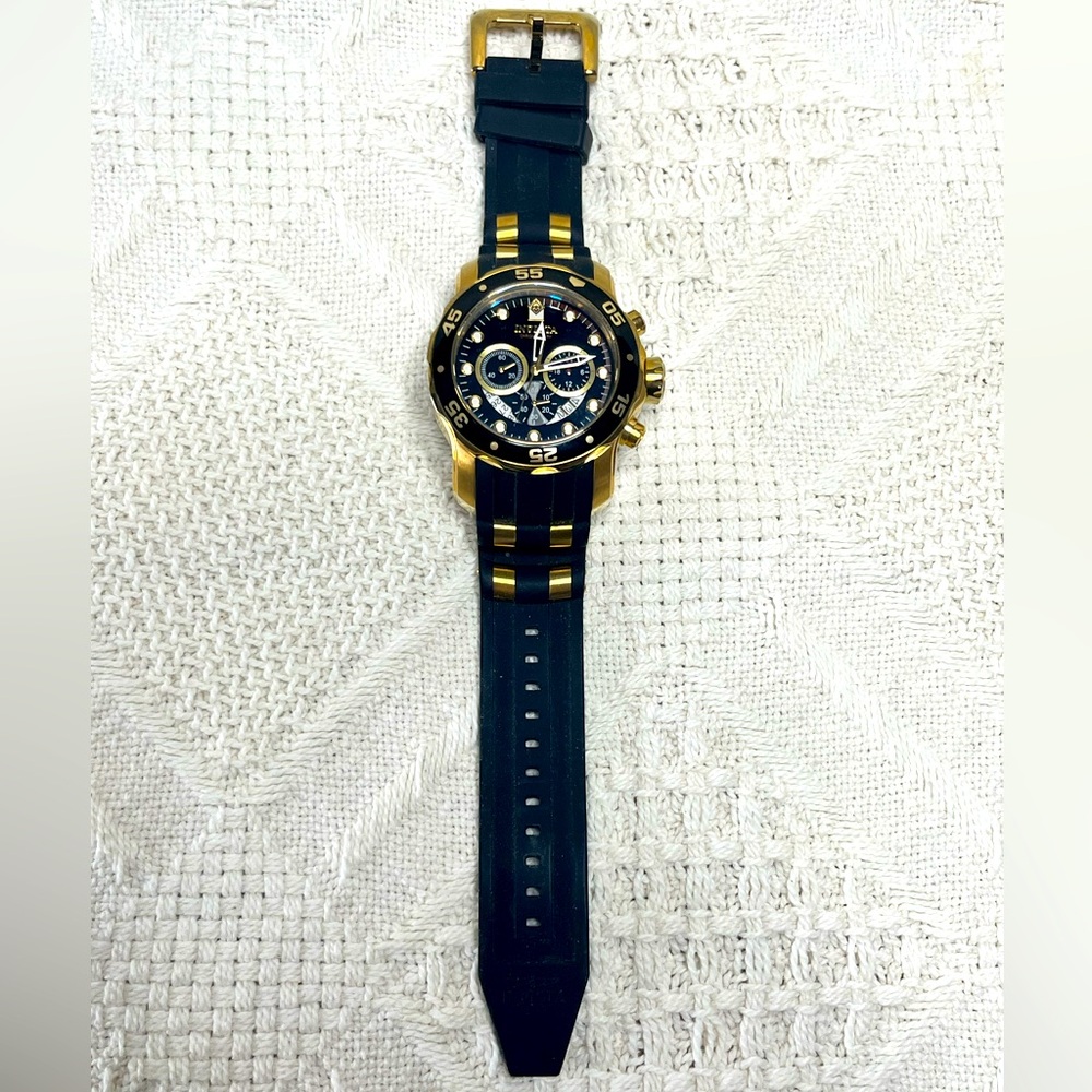 Invicta Men 48mm Pro Diver SCUBA Chronograph BLACK Dial 18K Gold Plated SS Watch